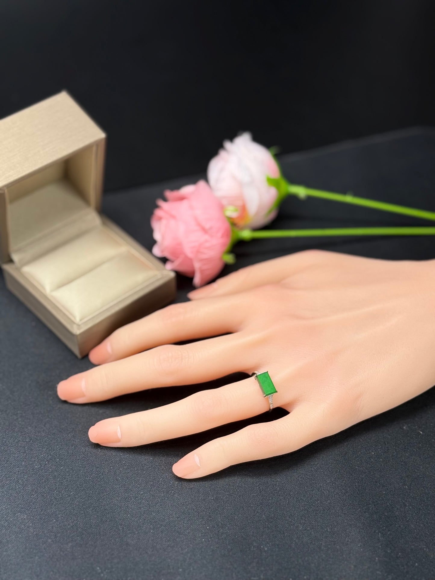 Natural Grade A Radiant Green Jadeite Ring with Diamond Accents.