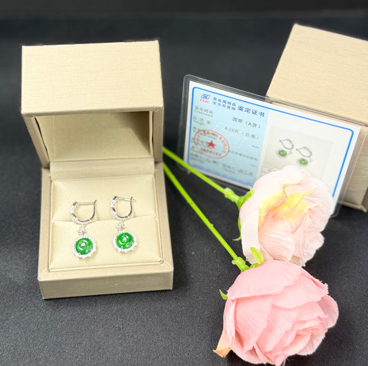 Natural Grade A Elegant Round Jadeite Drop Earrings with Sparkling Diamond-like Accents