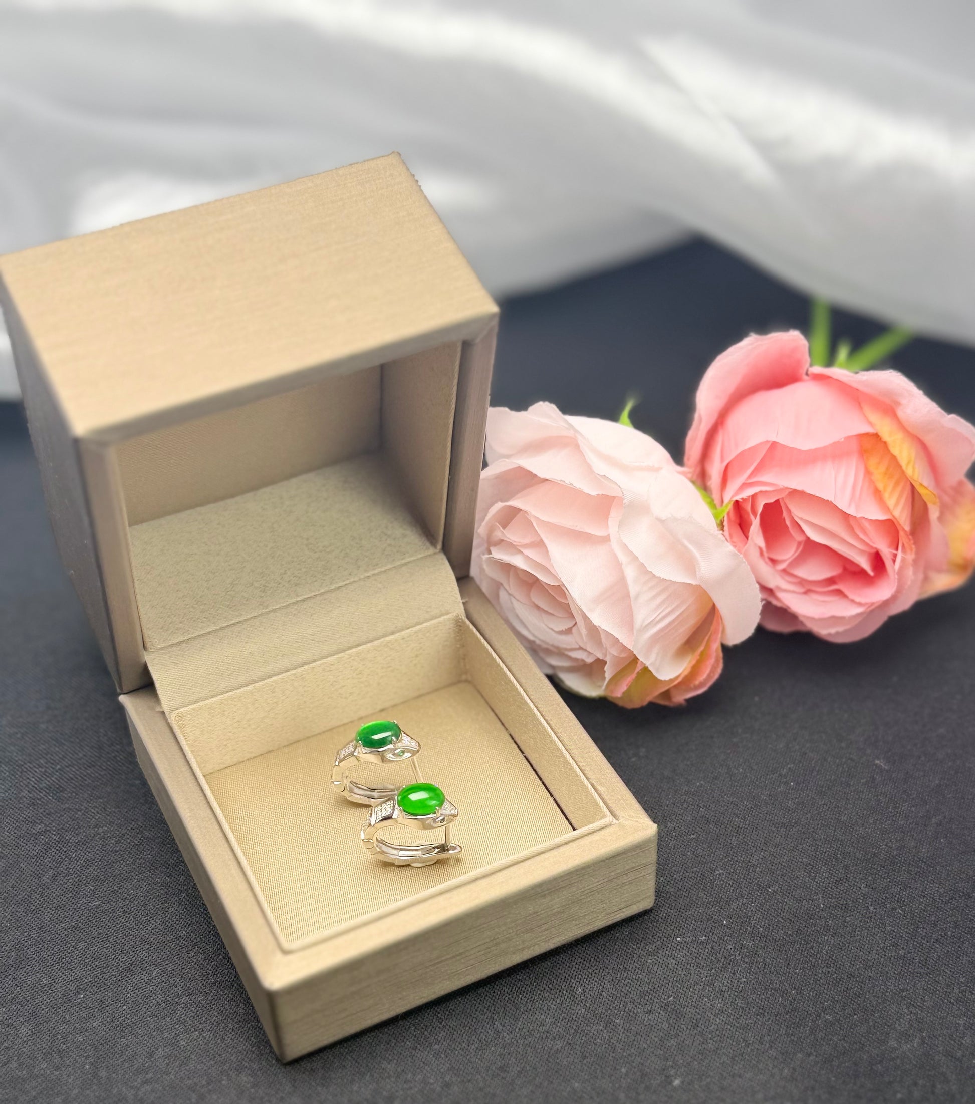 Natural Grade A Elegant Jadeite Snake Earrings | Sterling Sophistication.
