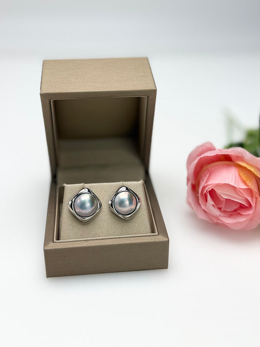 Modern Square Mabe Pearl Stud Earrings in Silvery-Blue with Iridescent Overtones