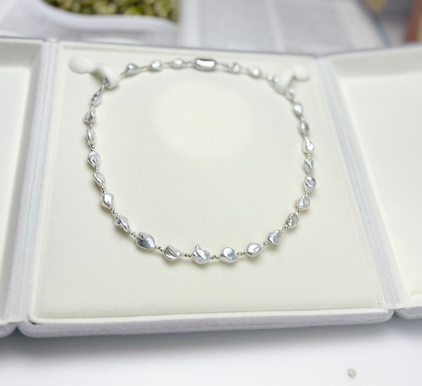 Unique Freshwater White (Blue tone) Keshi Pearl (6-8mm) Necklace.