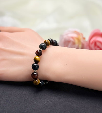 Top Grade Yellow, Red & Blue Tiger Eye (9.5-10.5mm) Triple-Power Crystal Bracelet