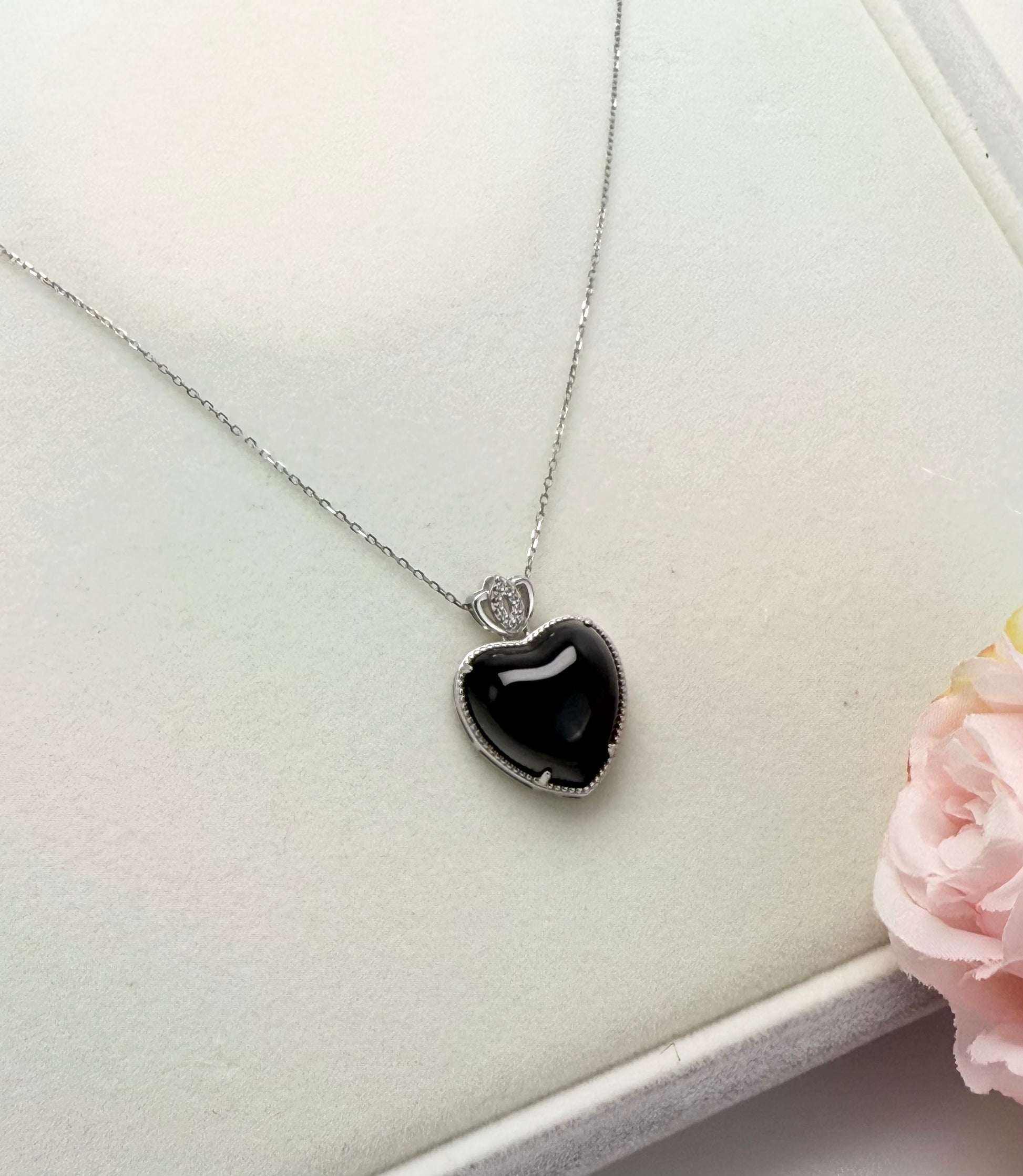 Natural Grade A Heart-Shaped (Mo Cui) Jadeite Pendant with Crown Accent.