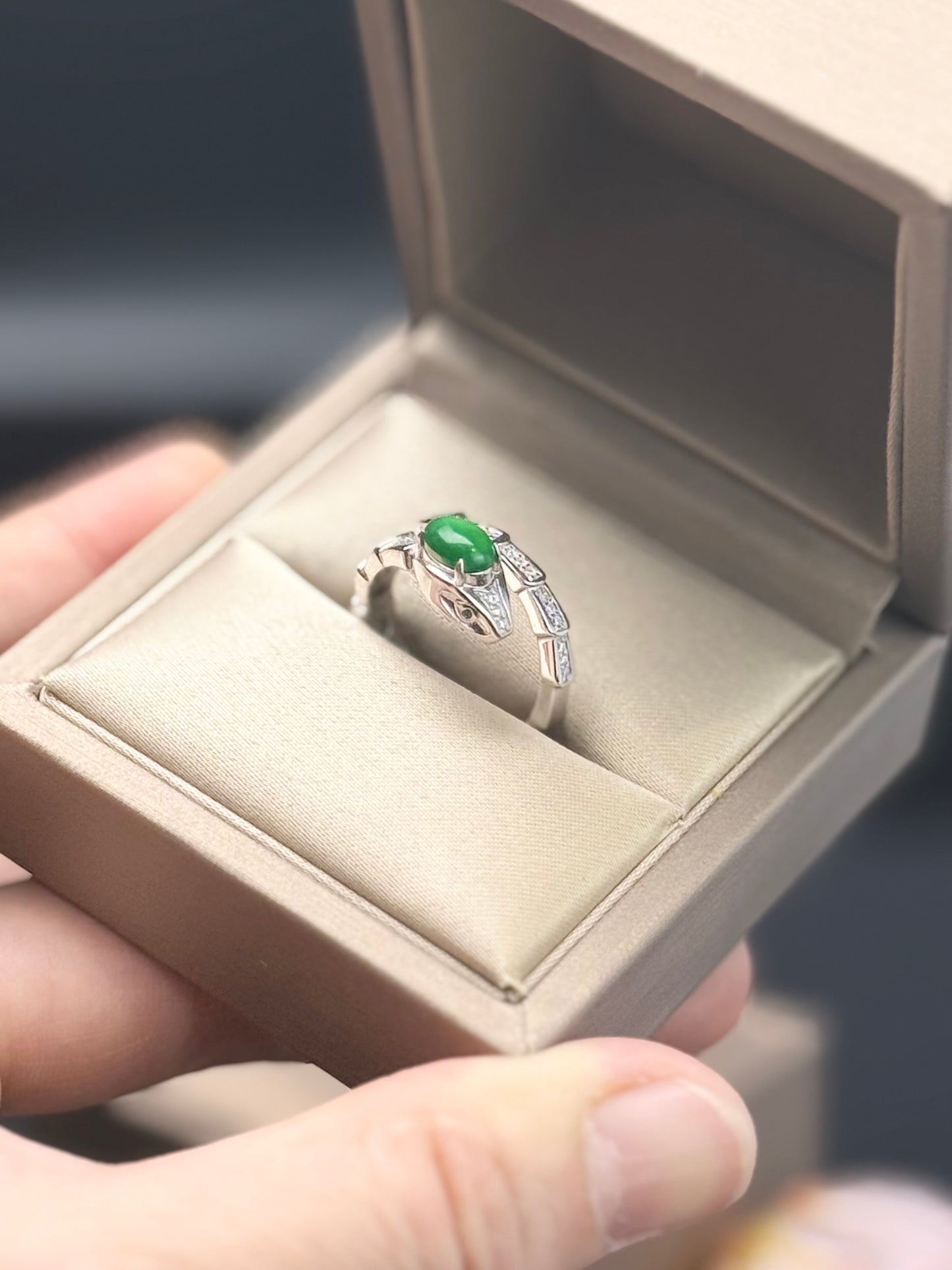 Natural Grade A Snake-Inspired Jadeite Ring | Symbol of Power, Grace & Protection.