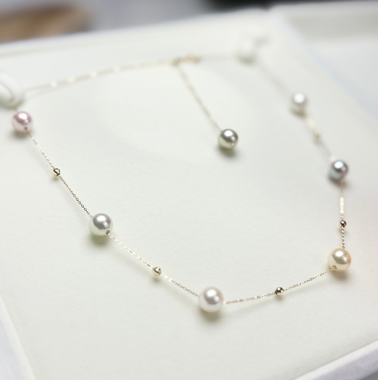18K Solid Gold Candy-Colored Akoya Pearls (7.5-8mm) Starry Station Necklace