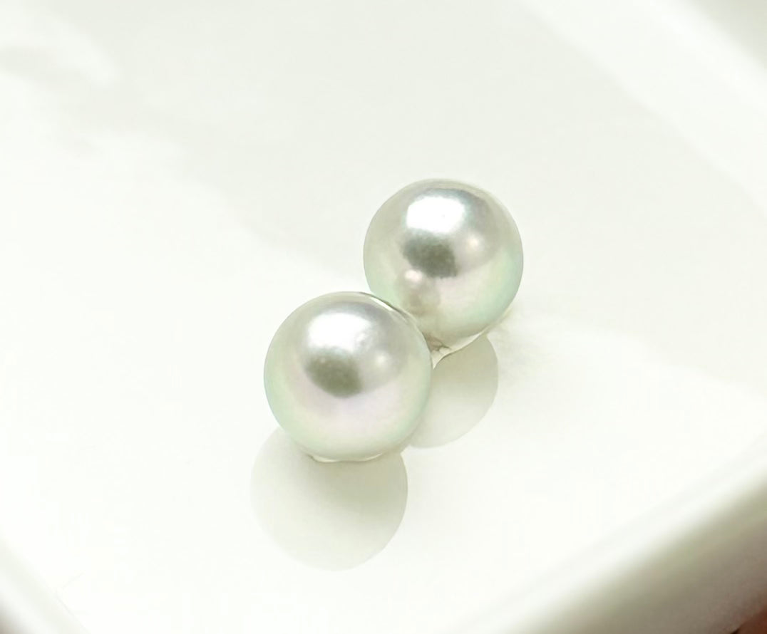 18K Solid Gold Saltwater Japan Akoya Silver Blue (8.5-9mm) Earring Studs