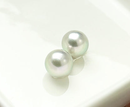 18K Solid Gold Saltwater Japan Akoya Silver Blue (8.5-9mm) Earring Studs
