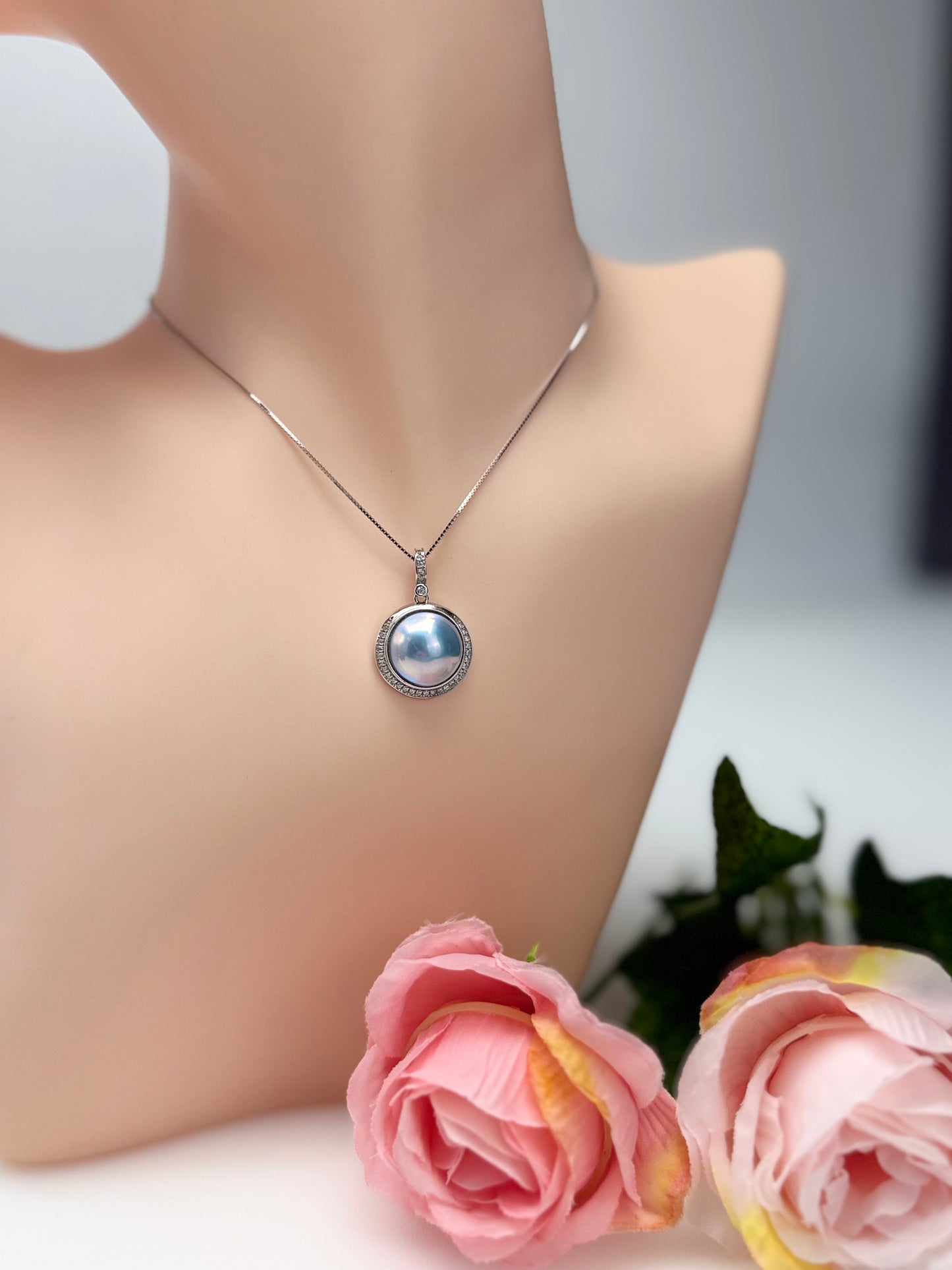 Silvery-Blue Saltwater Mabe Pearl Pendant with Iridescent Overtones