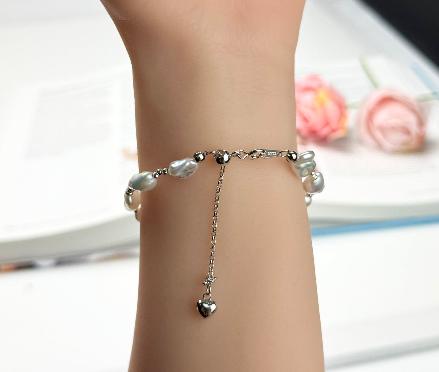 Unique Freshwater White (Blue tone) Keshi Pearl (6-8mm) Bracelet.