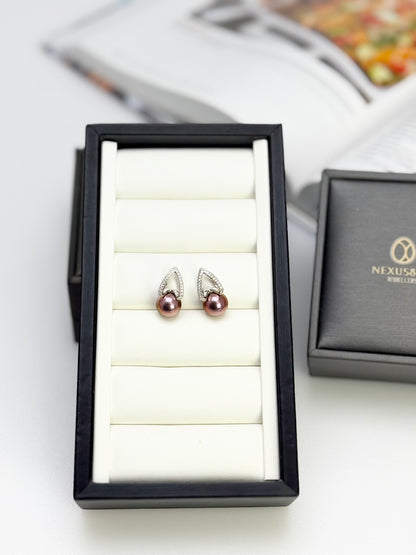 Luxurious Metallic Reddish-Purple Pearls Earring (9.5-10mm) with CZ | Top Radiance Pearl Earrings