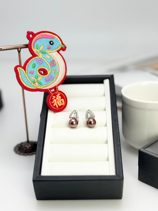 Luxurious Metallic Reddish-Purple Pearls Earring (9.5-10mm) with CZ | Top Radiance Pearl Earrings