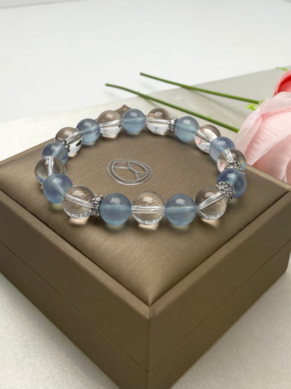 Natural Premium Aquamarine （冰川蓝 海蓝宝）& Clear Quartz Crystal  (8.5-9.5mm) Bracelet