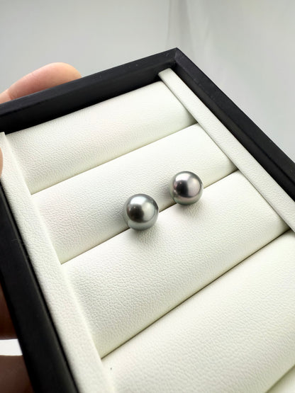 Elegant Tahitian Silver Grey Pearl (9.5-10mm) Stud Earrings | Classic Design