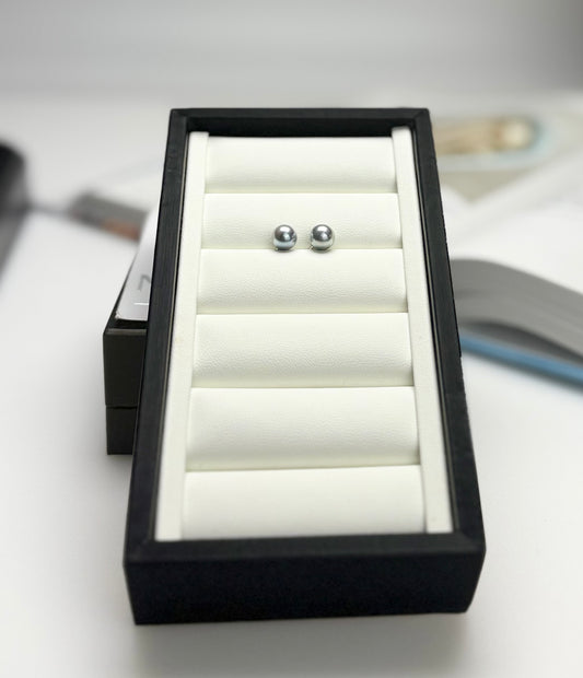 18K Solid Gold Saltwater Japan Top Luster Silver Blue Akoya Pearl (7-7.5mm) Stud Earrings | Timeless Radiance for Every Occasion