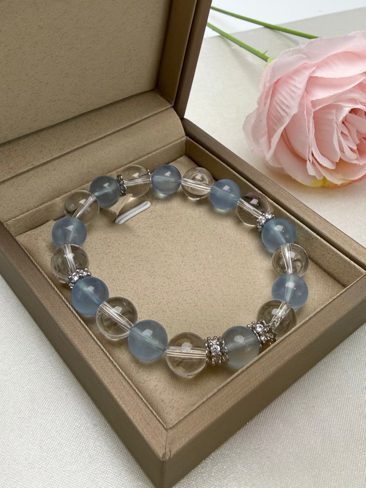 Natural Premium Aquamarine （冰川蓝 海蓝宝）& Clear Quartz Crystal  (8.5-9.5mm) Bracelet