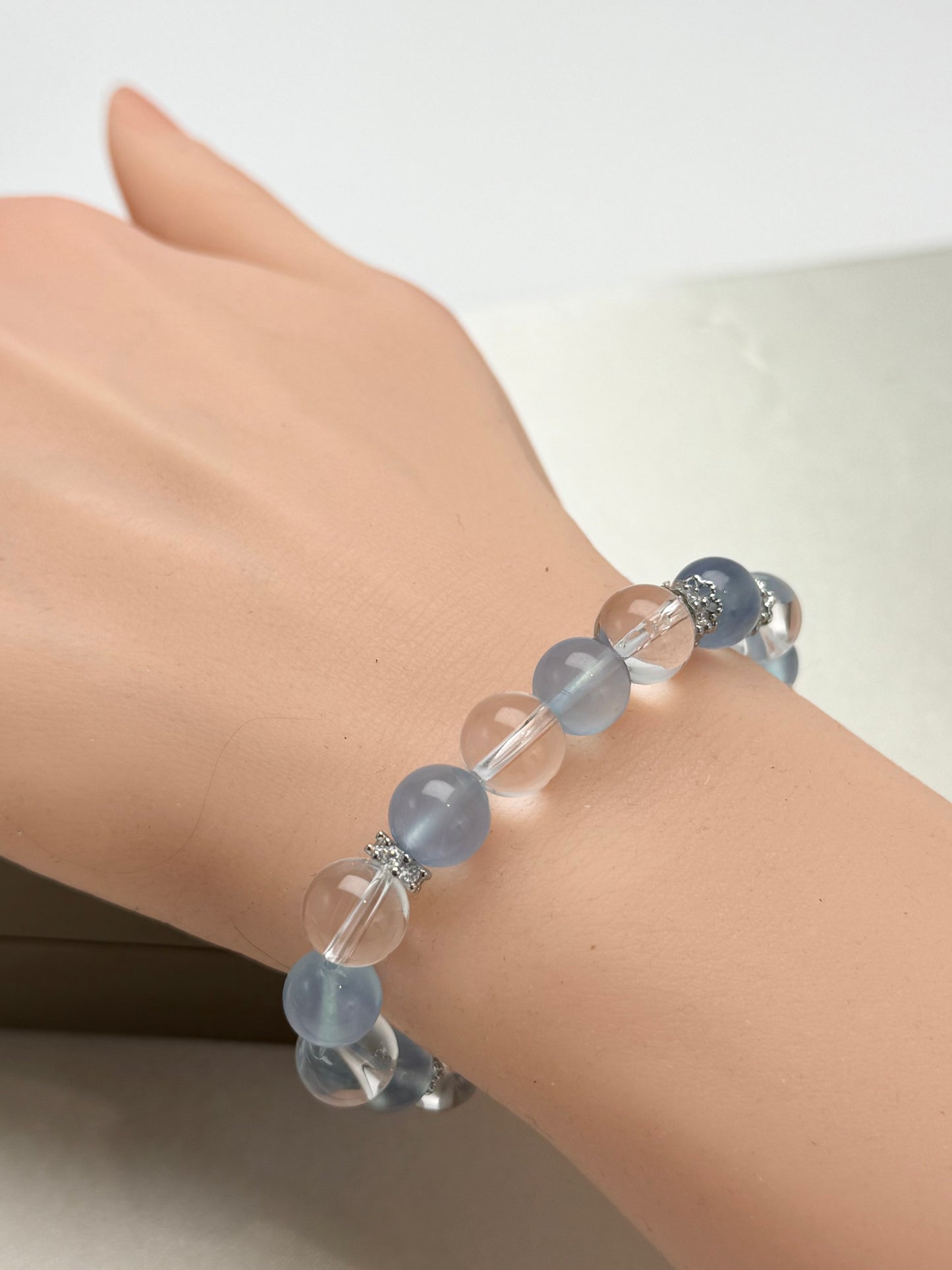 Natural Premium Aquamarine （冰川蓝 海蓝宝）& Clear Quartz Crystal  (8.5-9.5mm) Bracelet