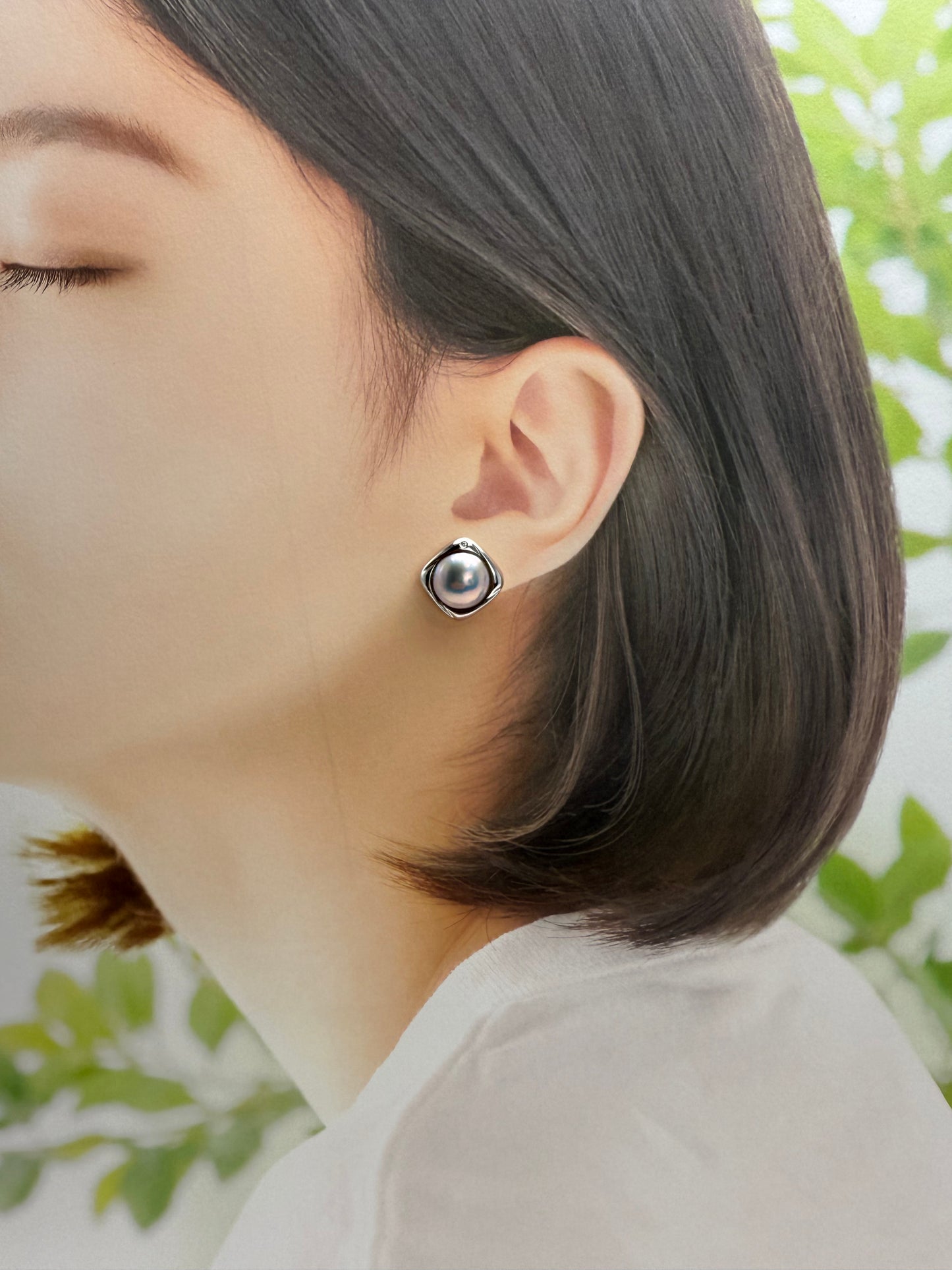 Modern Square Mabe Pearl Stud Earrings in Silvery-Blue with Iridescent Overtones