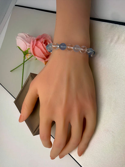 Natural Premium Aquamarine （冰川蓝 海蓝宝）& Clear Quartz Crystal  (8.5-9.5mm) Bracelet
