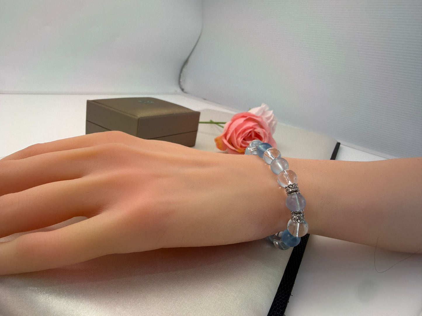 Natural Premium Aquamarine （冰川蓝 海蓝宝）& Clear Quartz Crystal  (8.5-9.5mm) Bracelet