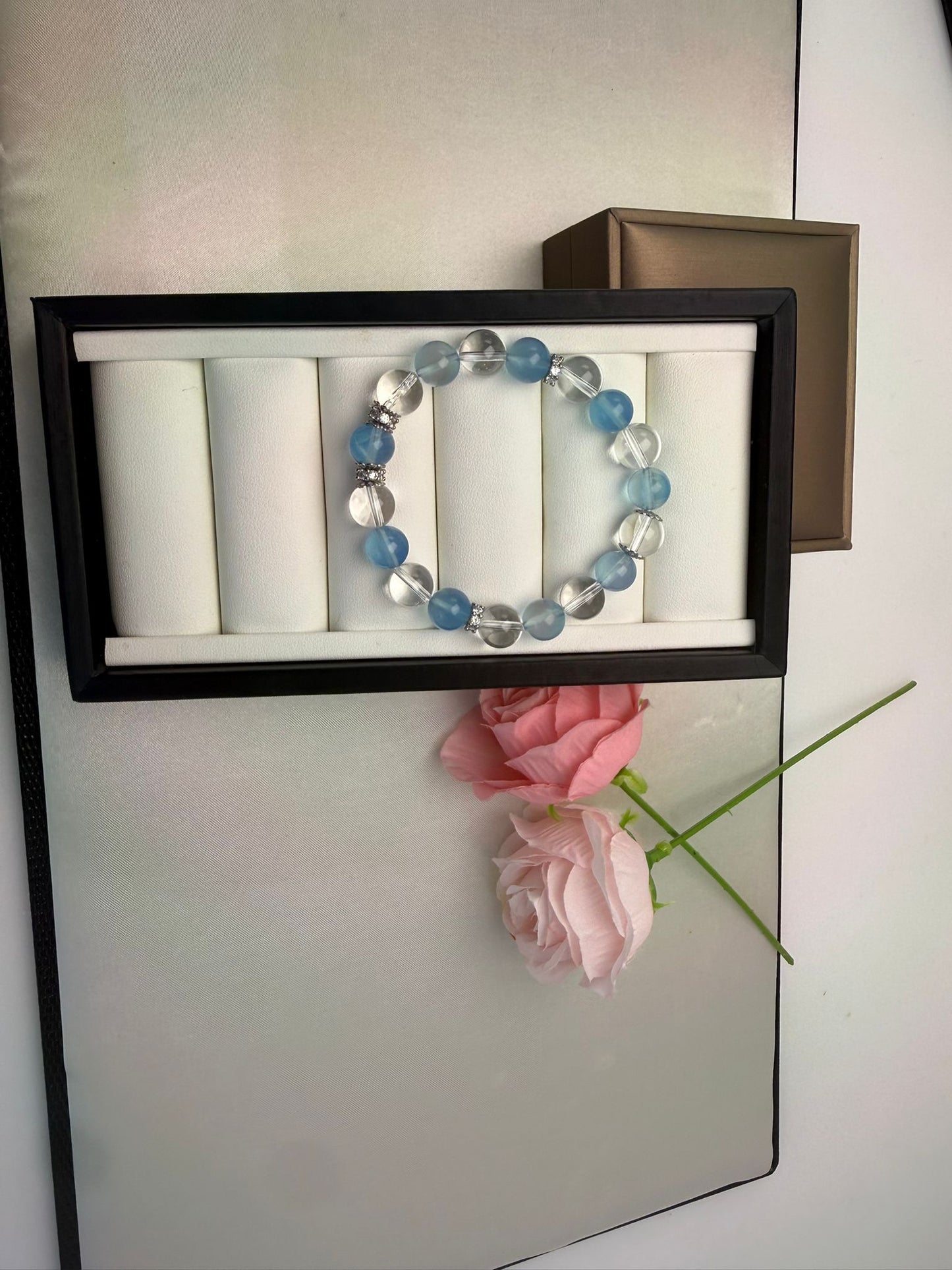 Natural Premium Aquamarine （冰川蓝 海蓝宝）& Clear Quartz Crystal  (8.5-9.5mm) Bracelet