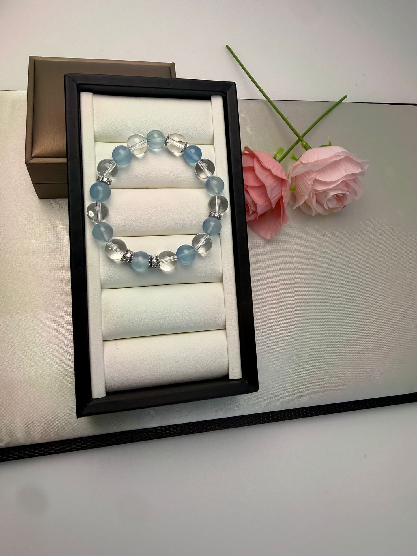 Natural Premium Aquamarine （冰川蓝 海蓝宝）& Clear Quartz Crystal  (8.5-9.5mm) Bracelet