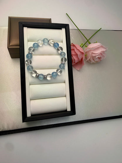 Natural Premium Aquamarine （冰川蓝 海蓝宝）& Clear Quartz Crystal  (8.5-9.5mm) Bracelet