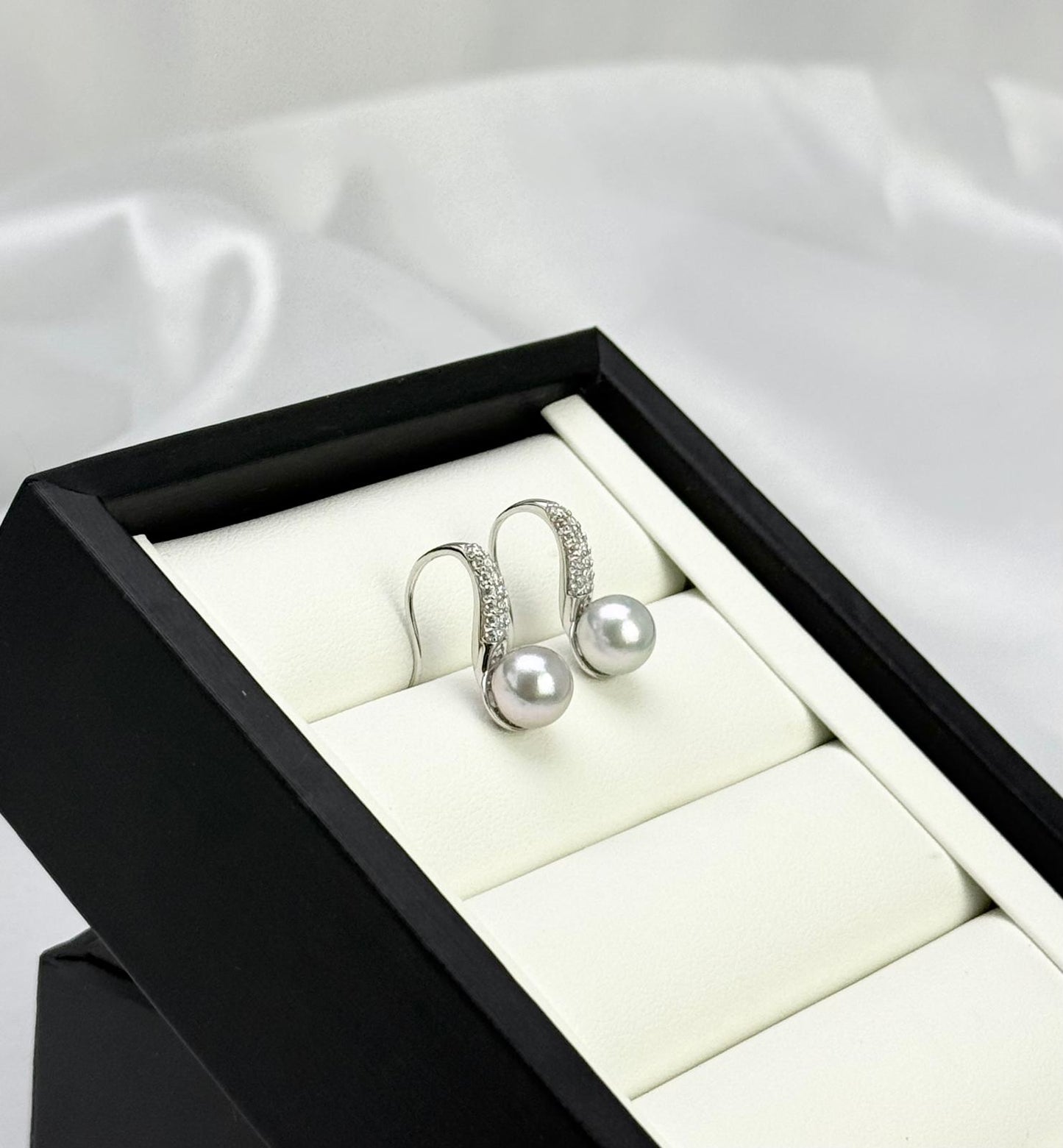 Elegant High Heel Saltwater Japan Akoya Silver Blue Pearl Earring (7.5 - 8mm) with CZ |Timeless Pearl Earrings