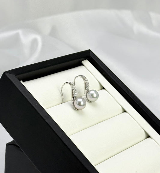Elegant High Heel Saltwater Japan Akoya Silver Blue Pearl Earring (7.5 - 8mm) with CZ |Timeless Pearl Earrings