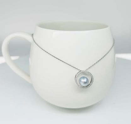 18K Gold Akoya Silver Blue Pearl Pendant (7.5mm) with Cubic Zirconia - Nexus8gg Jewellery