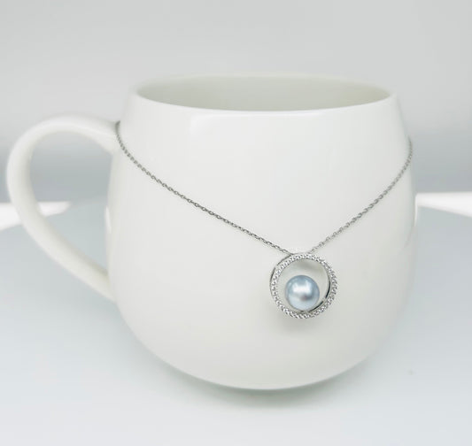 18K Gold Akoya Silver Blue Pearl Pendant (7.5mm) with Cubic Zirconia - Nexus8gg Jewellery
