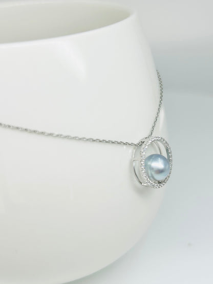 18K Gold Akoya Silver Blue Pearl Pendant (7.5mm) with Cubic Zirconia - Nexus8gg Jewellery