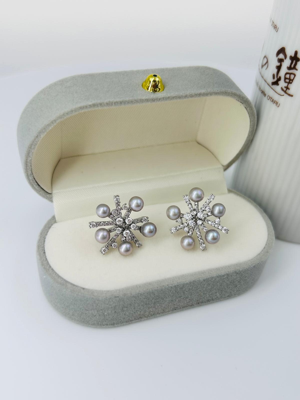 Designer Snowflake Akoya Silver Blue Pearl (4-4.5mm) Earring | Singapore - Nexus8gg Jewellery