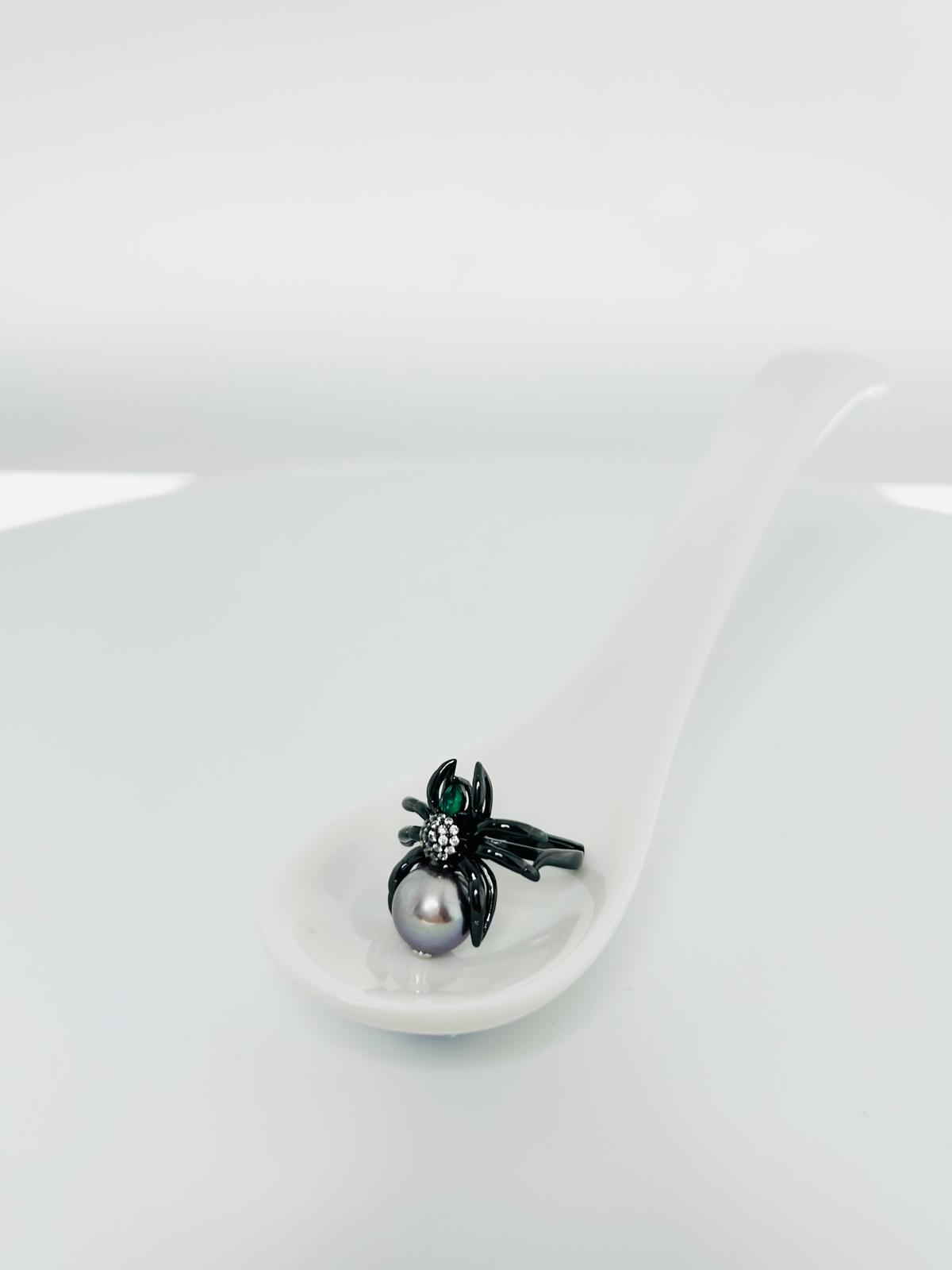 [Promo] Black Widow Spider Freshwater Pearl (10mm) Ring - Nexus8gg Jewellery