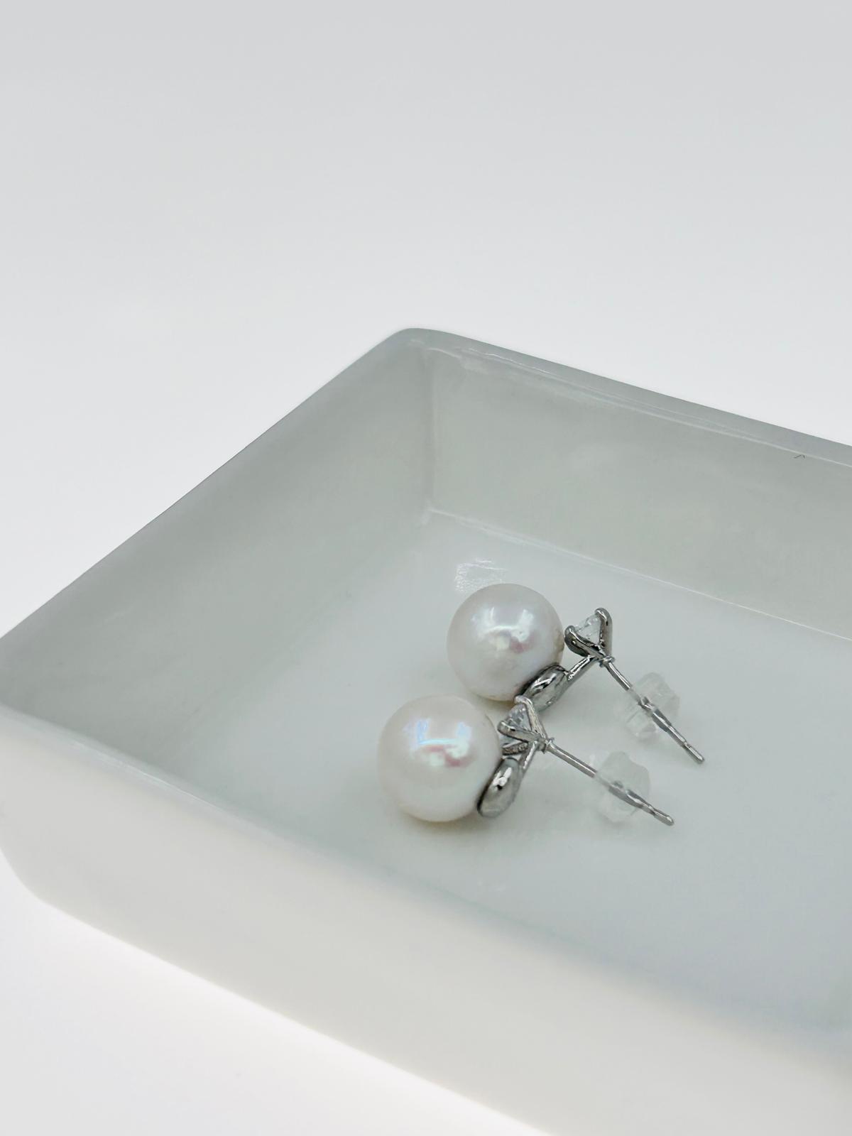 Elegant Freshwater White Pearl Earring (10.3 - 10.5mm)  with CZ - Nexus8gg Jewellery