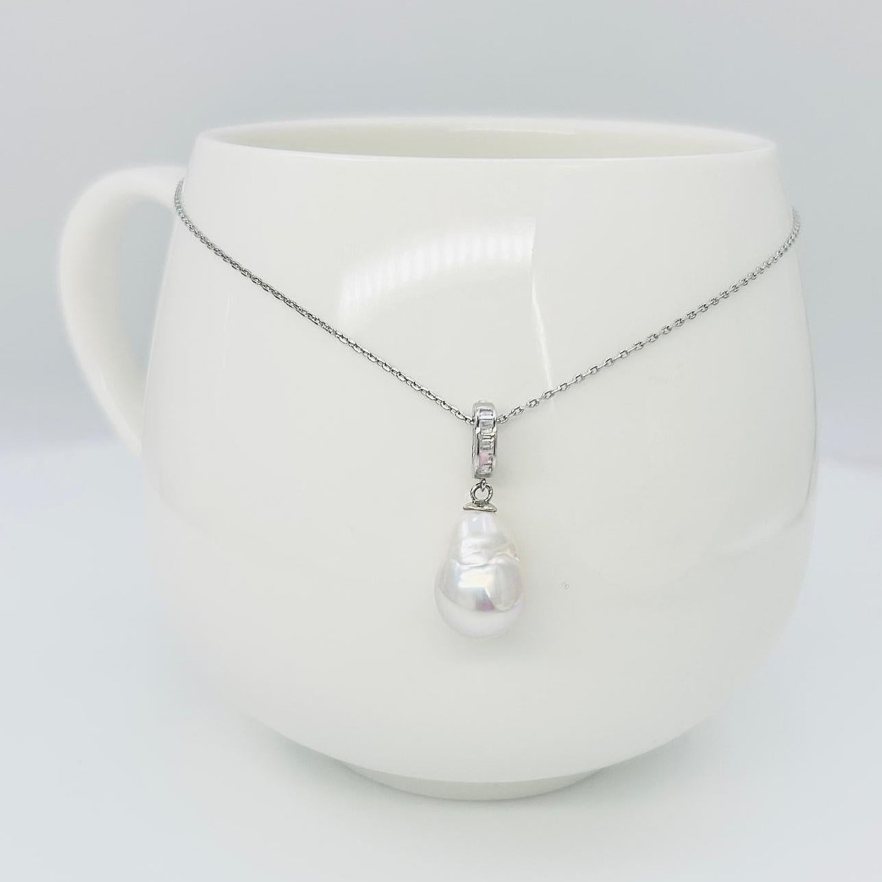 Metallic White Baroque Pearl Pendant with CZ (10.3 x15mm) - Nexus8gg Jewellery