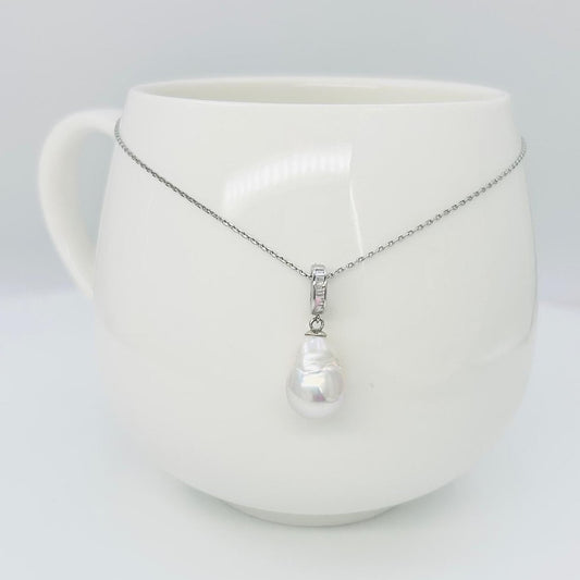 Metallic White Baroque Pearl Pendant with CZ (10.3 x15mm) - Nexus8gg Jewellery