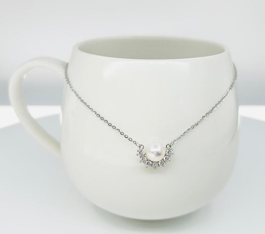 Semi Circle Freshwater White Pearl Pendant (7 -8 mm) with CZ - Nexus8gg Jewellery