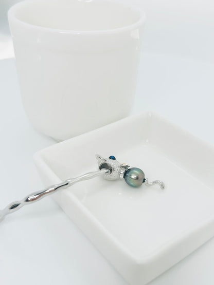 Unqiue Peacock Green Tahitian Pearl (9-9.5mm) Kitty Charm & Pendant - Nexus8gg Jewellery