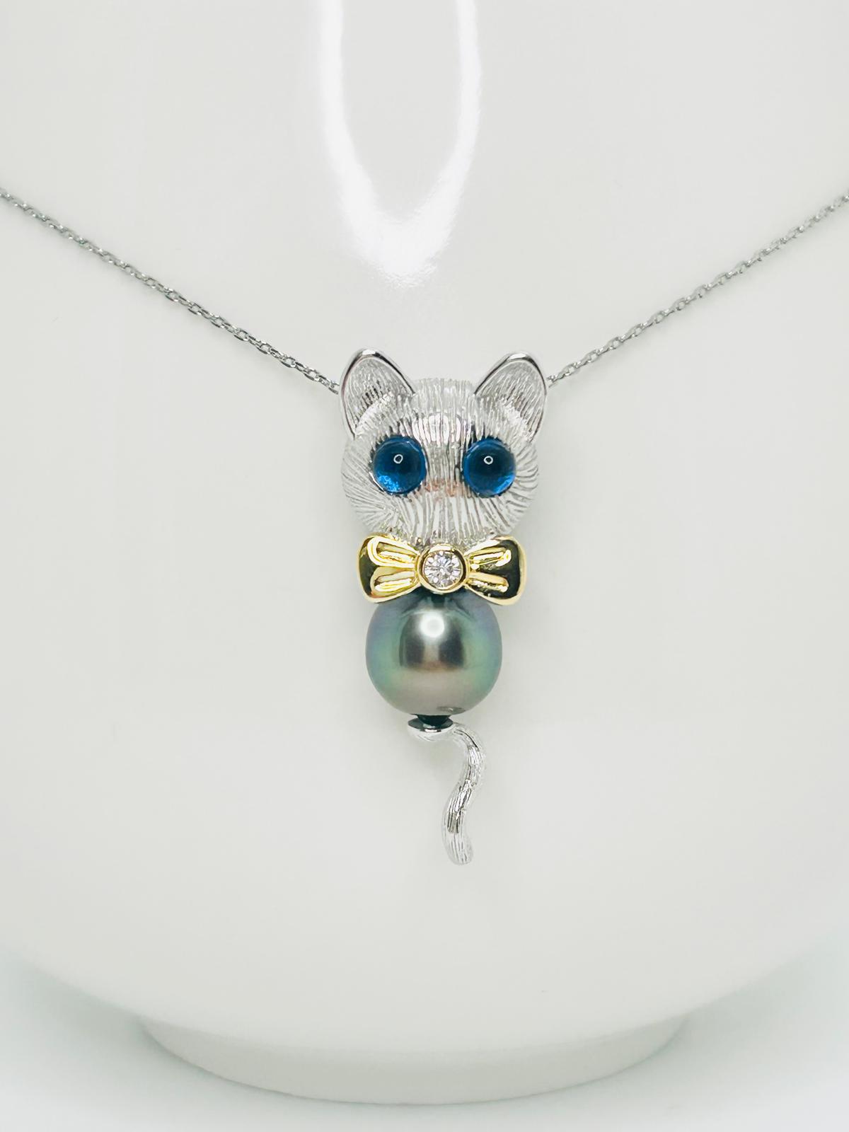 Unqiue Peacock Green Tahitian Pearl (9-9.5mm) Kitty Charm & Pendant - Nexus8gg Jewellery