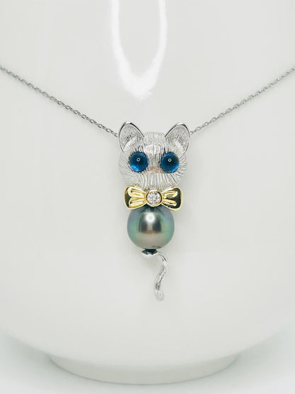 Unqiue Peacock Green Tahitian Pearl (9-9.5mm) Kitty Charm & Pendant - Nexus8gg Jewellery