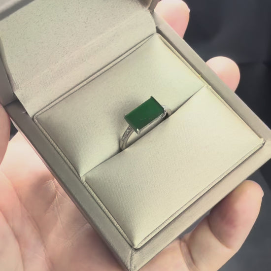 Natural Grade A Radiant Green Jadeite Ring with Diamond Accents.