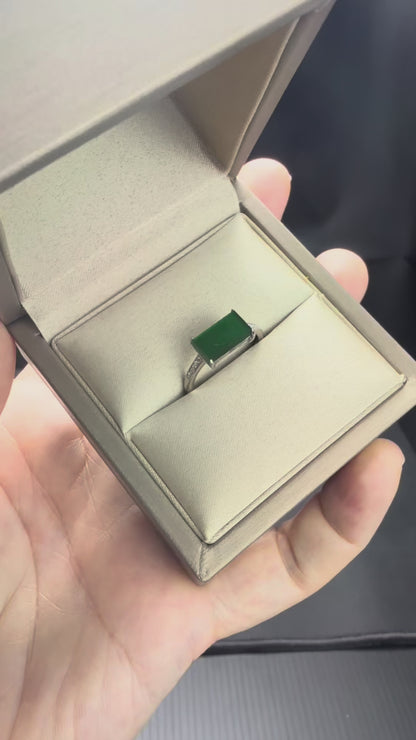 Natural Grade A Radiant Green Jadeite Ring with Diamond Accents.
