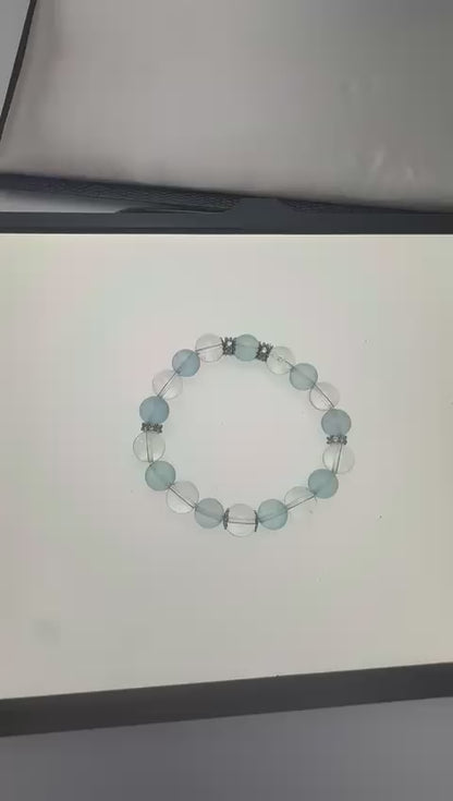 Natural Premium Aquamarine （冰川蓝 海蓝宝）& Clear Quartz Crystal  (8.5-9.5mm) Bracelet